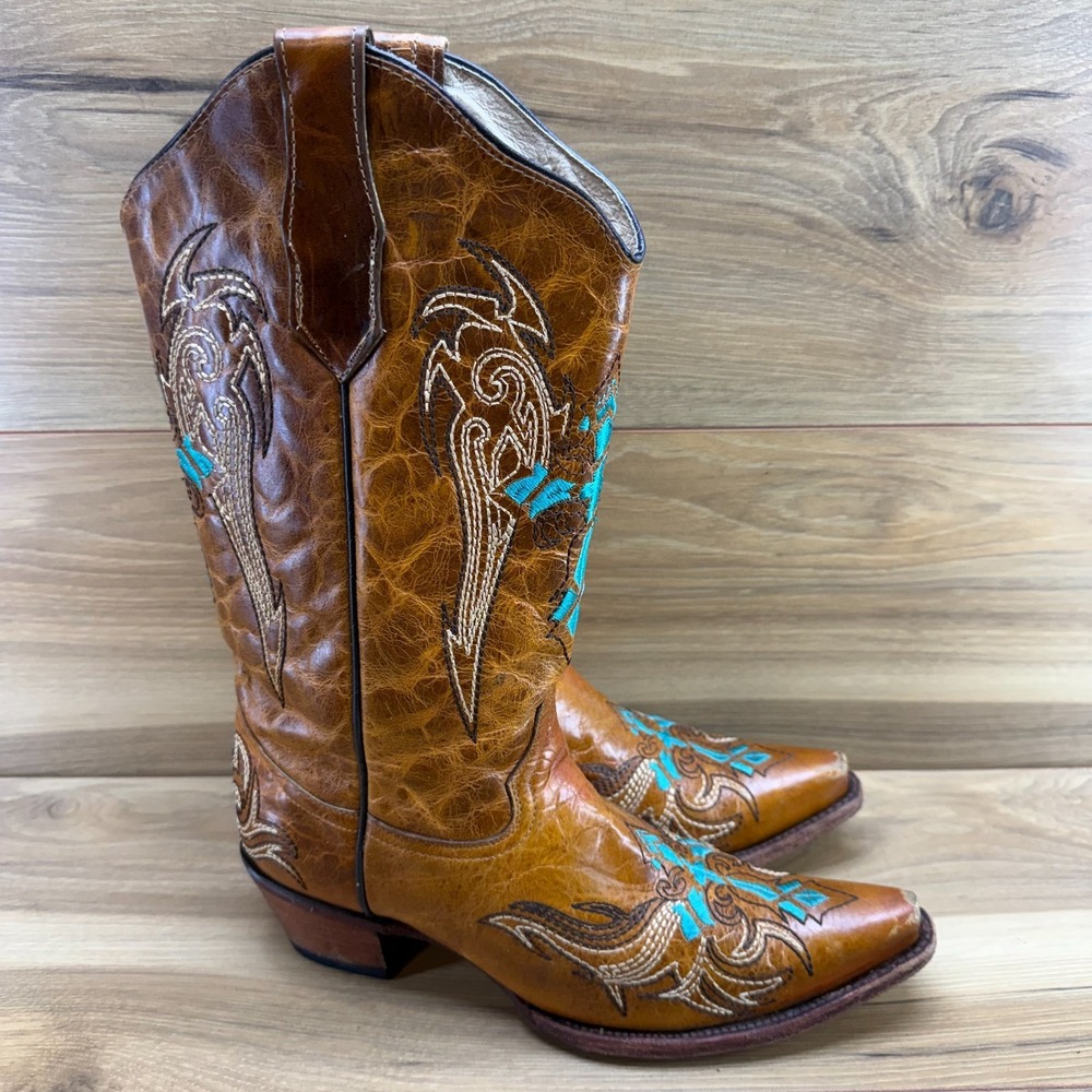 Circle G Cross Angel Western Boots 10.5 M Cognac Turquoise Embroidered Artesian